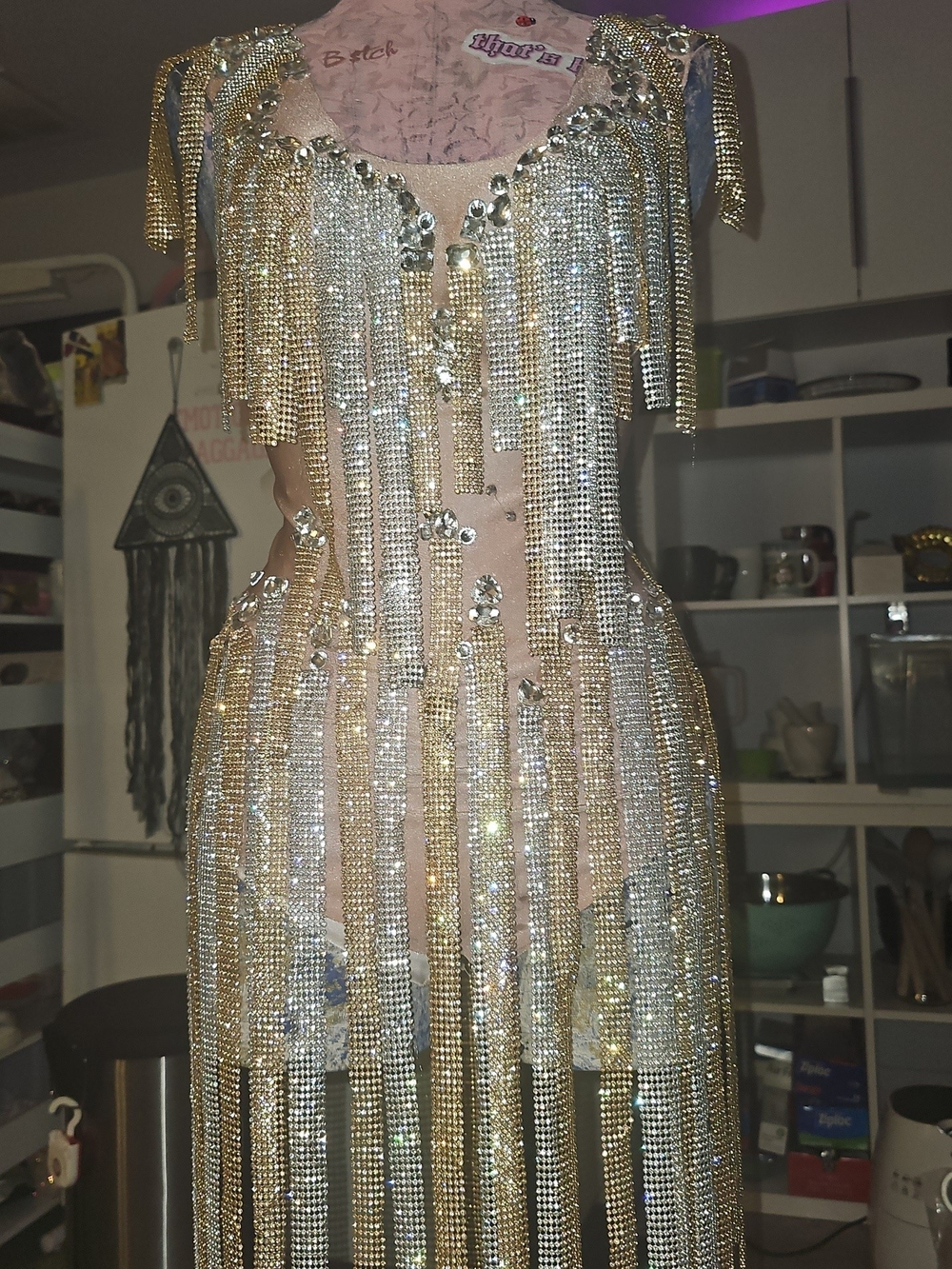 Gold and Silver Fringe Sequin Evening Dress